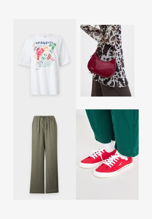 Wit T-shirt met kleurrijke schelpdierillustraties, waaronder een kreeft, oesters, een blikje sardines, tomaten, citroen en een cocktailglas met olijven.; Loszittende olijfgroene broek met wijde pijpen en een elastische tailleband met een strik aan de voorkant.; Rode canvas sneakers met witte veters, voorzien van een witte rubberen zool en gestreepte accenten aan de zijkant. Draagt met groene gestructureerde broek en witte sokken.; Vrouw met een zwart-wit gebloemde blouse houdt een glanzende rode schoudertas vast tegen een effen achtergrond.