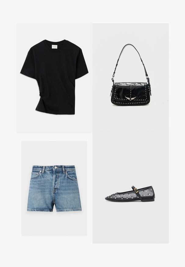 T-shirt noir en coton doux, doté d'un col rond, de manches courtes et d'un design légèrement torsadé pour une coupe décontractée.; Short en denim bleu avec bouton à l'avant, passants de ceinture, poches avant et coutures visibles sur un fond uni clair.; Ballerines transparentes noires avec un bout pointu, une semelle plate et une bride à boucle, ornées de pois métalliques.; Sac à épaule en cuir noir avec des clous argentés et un emblème métallique ailé sur le rabat avant sur fond uni.