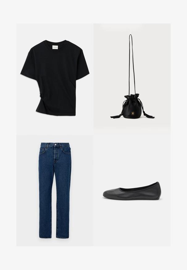 Camiseta negra hecha de algodón suave, con cuello redondo, mangas cortas y un diseño ligeramente retorcido para un ajuste relajado.; Jeans de mezclilla en azul oscuro, con un corte clásico de pierna recta, cinco bolsillos y costuras visibles. La tela tiene una ligera textura.; Bailarina de piel negra con punta redondeada, textura suave, detalle de costura minimalista y diseño de suela flexible.; Bolso tipo bucket negro con cordón, con una correa larga y delgada y un pequeño logo cuadrado dorado en la parte delantera, mostrado sobre un fondo liso.