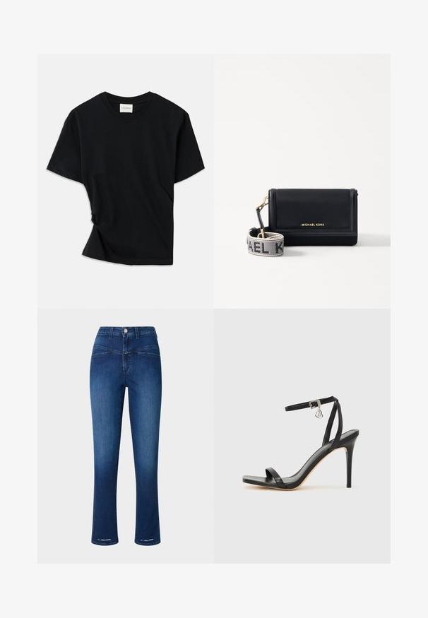 Sort t-shirt lavet af blødt bomuld, med rund halsudskæring, korte ærmer og et let skrået design for en afslappet pasform.; Mørkeblå denimbukser med høj talje, slim fit, lige ben og to forlommer. Indeholder en metalknap og syningsdetaljer.; Sort hæl-sandal med smal ankrem, firkantet tå-boks, glat lædermateriale og metalspænde som pynt.; MICHAEL Michael Kors JET SET SM PHONE WBG XBODY - Skuldertasker - black