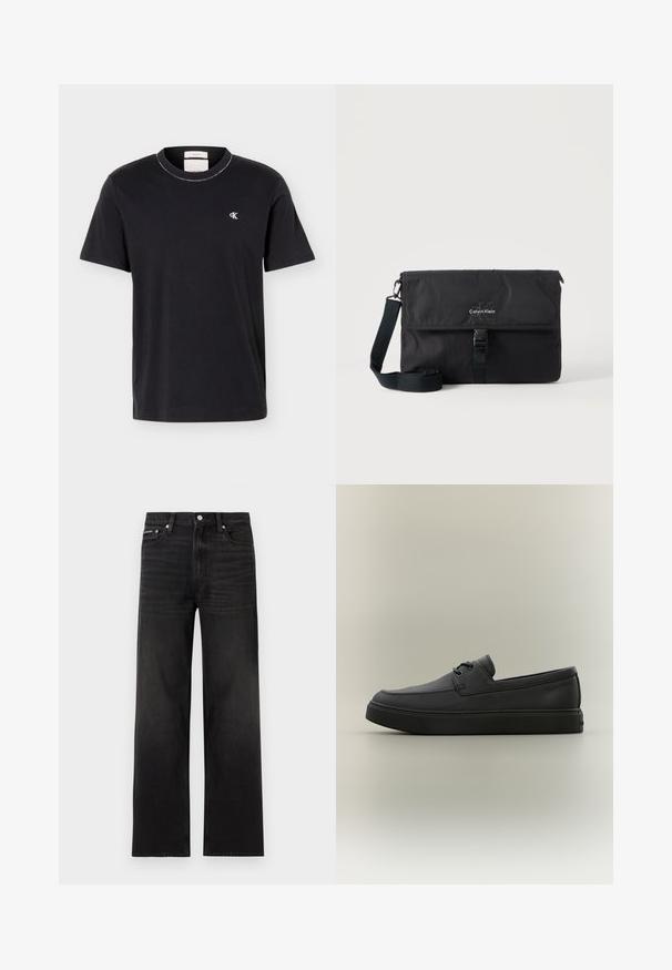 T-shirt noir à manches courtes et col rond avec petit logo blanc "cK" sur le côté gauche de la poitrine, coupe classique, design simple.; Jean noir droit avec cinq poches, passants pour ceinture et fermeture par bouton, présenté sur un fond blanc.; Mocassin décontracté en cuir noir avec des détails de laçage et une semelle en caoutchouc épaisse, présenté de profil sur un fond neutre.; Sac messager noir Calvin Klein avec bandoulière réglable et rabat avant sécurisé par une boucle, présenté sur un fond uni.