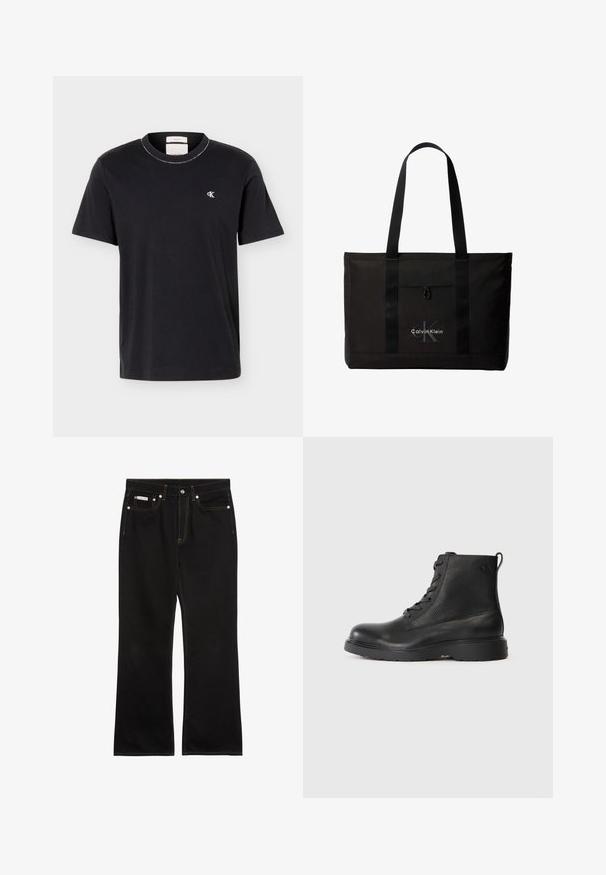 T-shirt noir à manches courtes et col rond avec petit logo blanc "cK" sur le côté gauche de la poitrine, coupe classique, design simple.; Jean noir droit avec coutures orange, cinq poches, fermeture par bouton, et une petite étiquette Calvin Klein sur la poche avant droite.; Bottine noire en cuir texturé avec un bout rond, un design à lacets, et une solide semelle en caoutchouc noir. Elle est dotée d'une boucle au talon.; Sac cabas noir Calvin Klein avec deux longues poignées et une poche avant, avec le logo de la marque en blanc et gris.