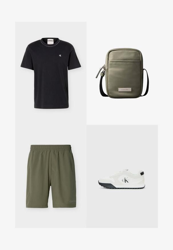 Schwarzes T-Shirt mit kurzen Ärmeln und Rundhals, kleines weißes "cK"-Logo auf der linken Brust, klassischer Schnitt, schlichtes Design.; Olivgrüne Herren-Shorts mit elastischem Bund und dezentem Calvin Klein-Logo am unteren linken Bein, schlichtes Design.; Weiße Calvin Klein Sneaker mit schwarzem Sohle, Wildleder- und Mesh-Einsätzen, CK-Logo an der Seite sowie Calvin Klein-Branding an Ferse und Sohle.; Kompakte olivgrüne Umhängetasche mit Vordertasche, schwarzem verstellbarem Riemen, Reißverschluss und Calvin Klein Logo-Plakette.