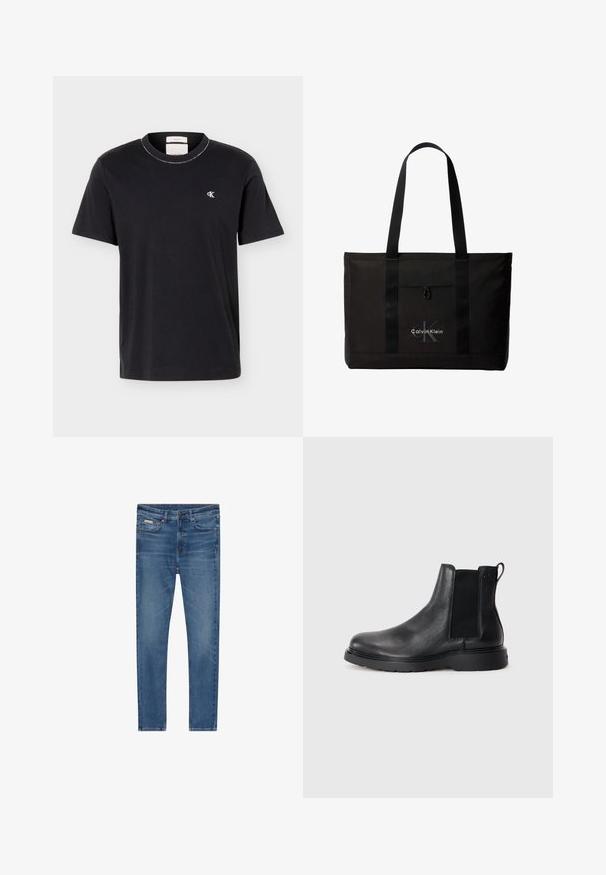Schwarzes T-Shirt mit kurzen Ärmeln und Rundhals, kleines weißes "cK"-Logo auf der linken Brust, klassischer Schnitt, schlichtes Design.; Blaue Denim-Jeans mit schlanker Passform, fünf Taschen, Knopfverschluss und subtiler Verblassung an Oberschenkeln und Knien.; Schwarze Leder-Chelsea-Boots mit strukturiertem Finish, elastischen seitlichen Einsätzen und einer robusten Gummisohle. Dezentes Branding an der Ferse.; Schwarze Calvin Klein Tote-Tasche mit zwei langen Griffen und Fronttasche, mit dem Markenlogo in Weiß und Grau.