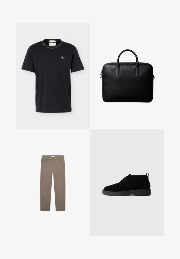 Sort T-shirt med korte ærmer og rund hals, med lille hvidt "cK"-logo på venstre bryst, klassisk pasform, ensfarvet design.; Brune bukser med lige snit, der har forlommer og accentuerende syninger langs siderne for ekstra detaljer og tekstur.; Sorte ruskindsankelstøvler med rund tå, snørebåndsdesign, sort gummisål og en sløjfe bag på for nem påtagning.; Sort tekstureret lædermappe med dobbelte håndtag og sølv lynlås, centreret på hvid baggrund.