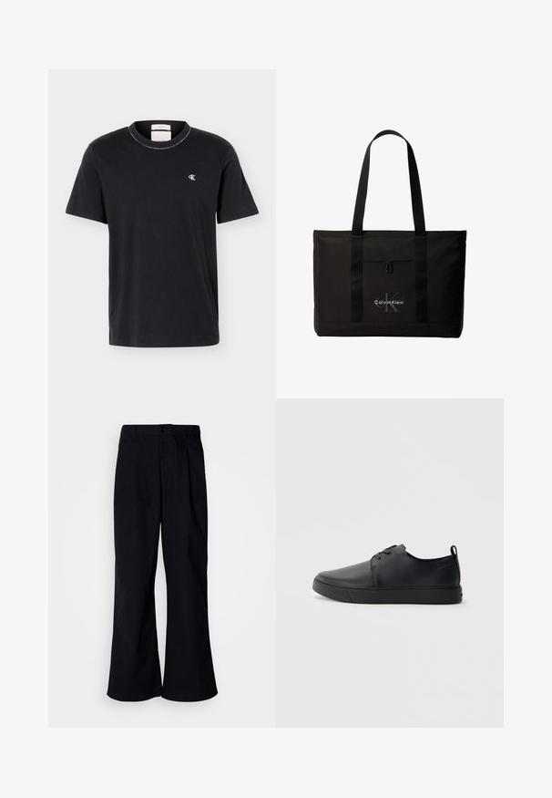 T-shirt noir à manches courtes et col rond avec petit logo blanc "cK" sur le côté gauche de la poitrine, coupe classique, design simple.; Pantalons larges noirs en coton avec un pli à l'avant, présentant une fermeture à bouton et des passants de ceinture, texture lisse et sans motifs visibles.; Baskets en cuir noir avec une finition lisse, bout arrondi, coutures ton sur ton, devant à lacets et semelle plate en caoutchouc. Anse au talon.; Sac cabas noir Calvin Klein avec deux longues poignées et une poche avant, avec le logo de la marque en blanc et gris.