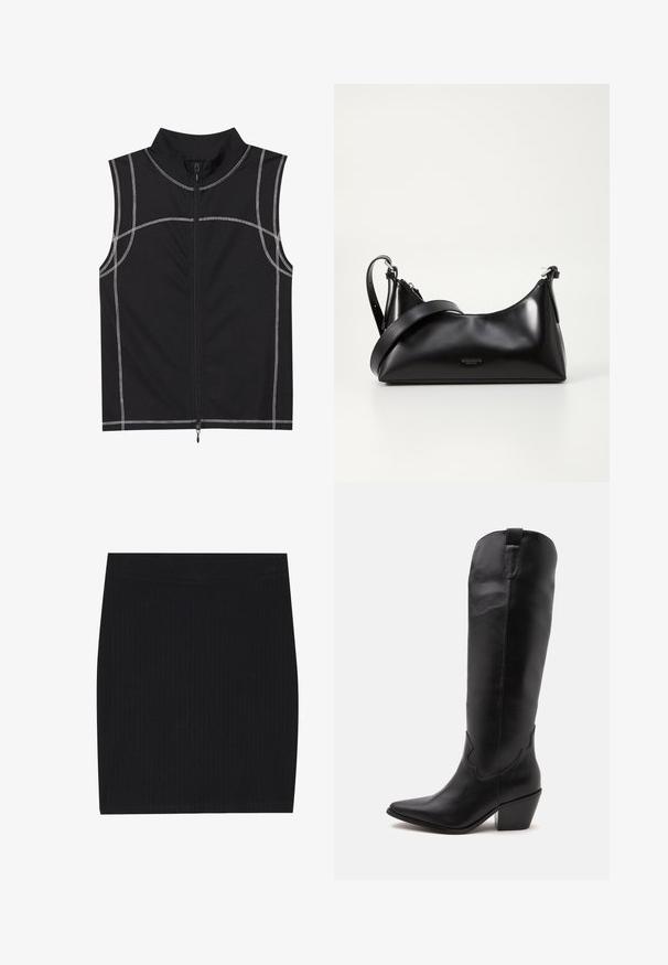 Sort ærmeløs vest lavet af et glat stof, med sølvfarvet syning og lynlåslukning foran, designet med høj krave.; Sort ribbet strikket mini nederdel med et tætsiddende design, glat tekstur og en elastisk talje for komfort.; Høj sort lædercowboystøvle med spids tå, lav blokhæl og minimal syning, vist fra siden på hvid baggrund.; Sort læderhåndtaske med en glat tekstur. Har en justerbar stropp og et enkelt, minimalistisk design med lynlås.