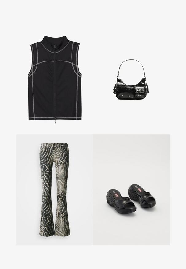 Schwarze ärmellose Weste aus einem glatten Stoff, mit silberner Nahtdetails und einem Reißverschluss vorne, entworfen mit einem hohen Kragen.; Schlagjeans im schwarz-beigen Zebra-Muster, aus Denim-Material, mit Fünf-Taschen-Design und sichtbaren Nahtdetails.; Melissa MELISSA QUANTUM PLATFORM X DIESEL AD - Badesandale - black; Schwarze Lackleder-Handtasche mit geschwungenem Design, einem Schulterriemen, Vordertaschen und silberfarbenen Hardware-Akzenten.