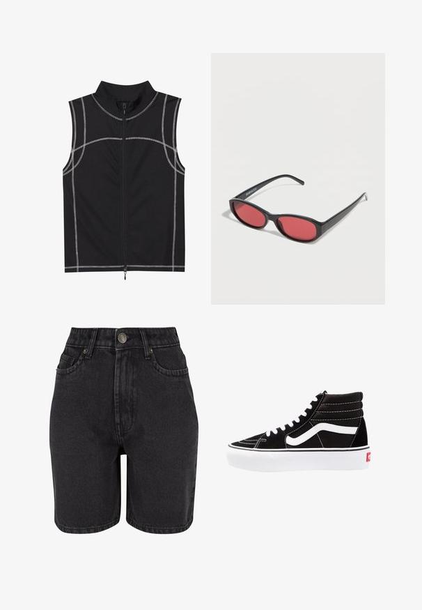Gilet sans manches noir en tissu lisse, présentant des détails de couture argentée et une fermeture éclair sur le devant, conçu avec un col haut.; Shorts en denim noir à taille haute, avec un design à cinq poches et un système de fermeture à bouton en métal. Le tissu a une texture lisse avec un léger dégradé.; Baskets montantes noires avec des lacets blancs, un logo blanc et des coutures blanches contrastées. Dotées d'une épaisse semelle blanche et d'un dessus en daim texturé.; Lunettes de soleil ovales noires avec des branches fines et des verres teintés rouges posées sur une surface blanche.