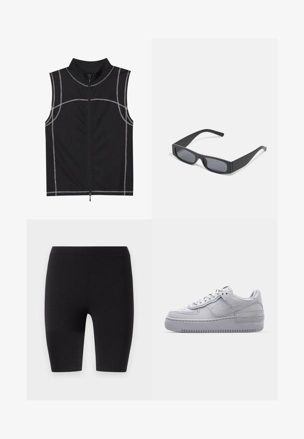 Chaleco negro sin mangas hecho de una tela suave, con detalles de costura plateada y un cierre de cremallera frontal, diseñado con un cuello alto.; Leggings negros de longitud a la rodilla hechos de tela elástica. Presentan una textura suave con una amplia cinturilla elástica para mayor comodidad y ajuste.; Zapatilla Nike Air Force 1 gris con puntera perforada, parte superior de cuero suave, suela gruesa y detalle en relieve 'AIR' en el talón.; Gafas de sol negras rectangulares con lentes oscuros y montura gruesa mate. Las varillas son ligeramente cónicas con una textura suave.