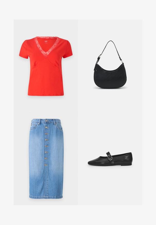 Camiseta roja de manga corta y escote en V con un borde de encaje. Tejido suave, forma ajustada y costuras decorativas a lo largo de las costuras.; Falda midi de mezclilla azul con corte recto, que presenta un cierre frontal de botones, cinco bolsillos y un lavado desgastado para dar textura.; Zapato plano de cuero negro con punta redondeada, una sola correa ajustable con hebilla y una textura suave y brillante. Diseño minimalista con un tacón bajo.; Bolso hobo negro hecho de cuero suave con una silueta curva, que cuenta con una sola correa ajustable y detalles de diseño minimalistas.