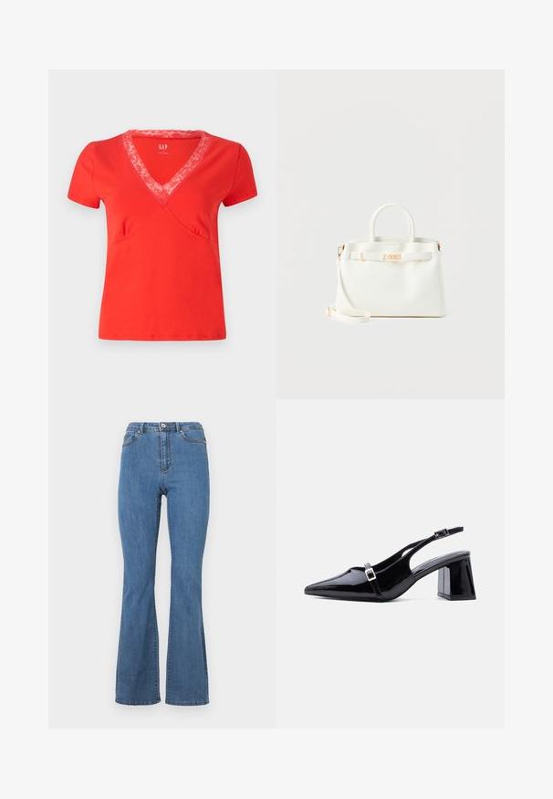 Camiseta roja de manga corta y escote en V con un borde de encaje. Tejido suave, forma ajustada y costuras decorativas a lo largo de las costuras.; Vaqueros de campana azules hechos de denim, con una cintura alta, costuras en contraste y un cierre de botón único en la parte frontal.; Zapato de mujer tipo slingback de charol negro con punta afilada, tacón bajo y cuadrado, y dos hebillas pequeñas plateadas en las correas.; Bolso blanco texturizado con asas superiores, cierre dorado y correa de hombro desmontable sobre un fondo liso y claro.