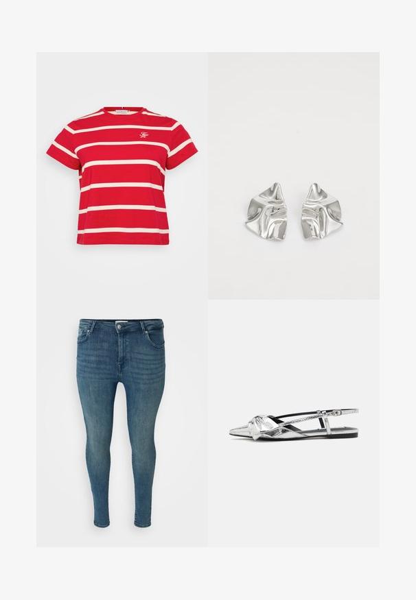 Rød kortærmet t-shirt med hvide vandrette striber, rund halsudskæring og et lille logo på brystet. Fremstillet af blødt bomuldsstof.; Slim fit jeans i mellemblå denim med en glat overflade, fem-lomme design, bæltestropper og en knaplukning i taljen.; Sølvmetallic slingback flade sko med spids tå, der har en knude-detalje foran og en justerbar rem for sikker pasform.; Sølvmetal øreringe med et bølgende, skulpturelt design, der har en poleret overflade og uregelmæssige former, hvilket fremhæver en moderne æstetik.