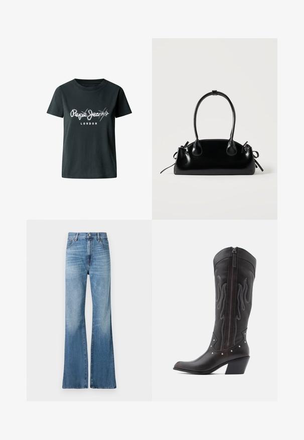 Camiseta de algodón negra con un logotipo blanco desgastado "Pepe Jeans LONDRES" en el pecho, de manga corta y cuello redondo.; Replay BECKA PANTS - Vaqueros boyfriend - medium blue; Botas de cowboy de cuero marrón con costuras en forma de llama, cremallera lateral, tachuelas plateadas, punta puntiaguda y tacón apilado.; Pequeño bolso negro brillante con dos asas largas y detalles de cordón lateral sobre un fondo claro liso.