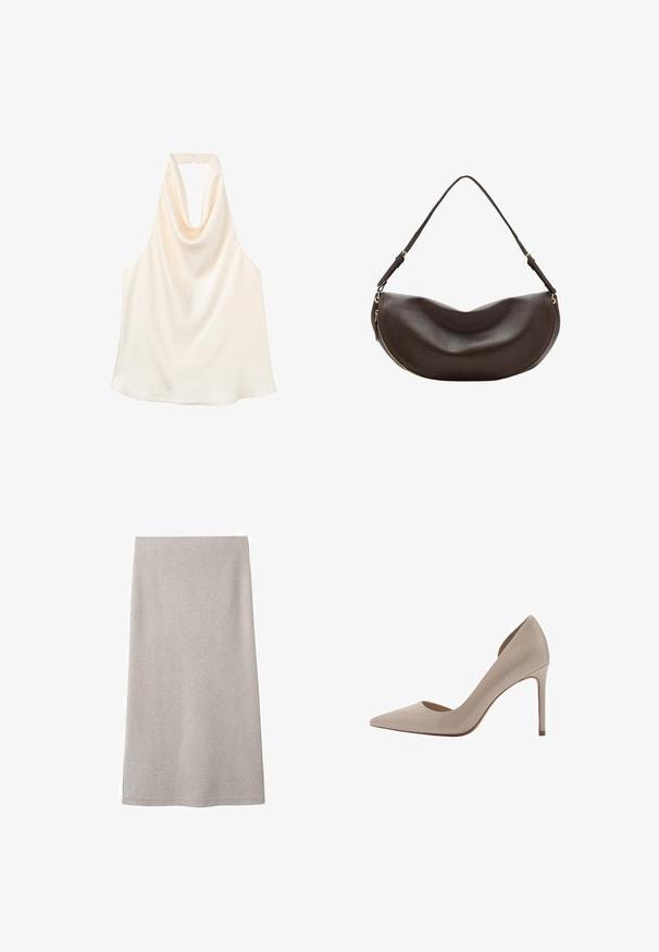 Crèmekleurige mouwloze haltertop met een gedrapeerde col en een sluiting aan de achterkant.; Beige rechte rok tot de knie met een eenvoudige, gladde structuur en zonder zichtbare patronen of versieringen.; Beige lakleren high-heeled pumps met een spitse neus, ondiepe uitsnijdingen aan de zijkanten en een slanke hak. Gladde textuur met een glanzende afwerking.; Donkerbruine leren schoudertas met een gebogen vorm, verstelbare riem en een gouden rits langs de onderrand.