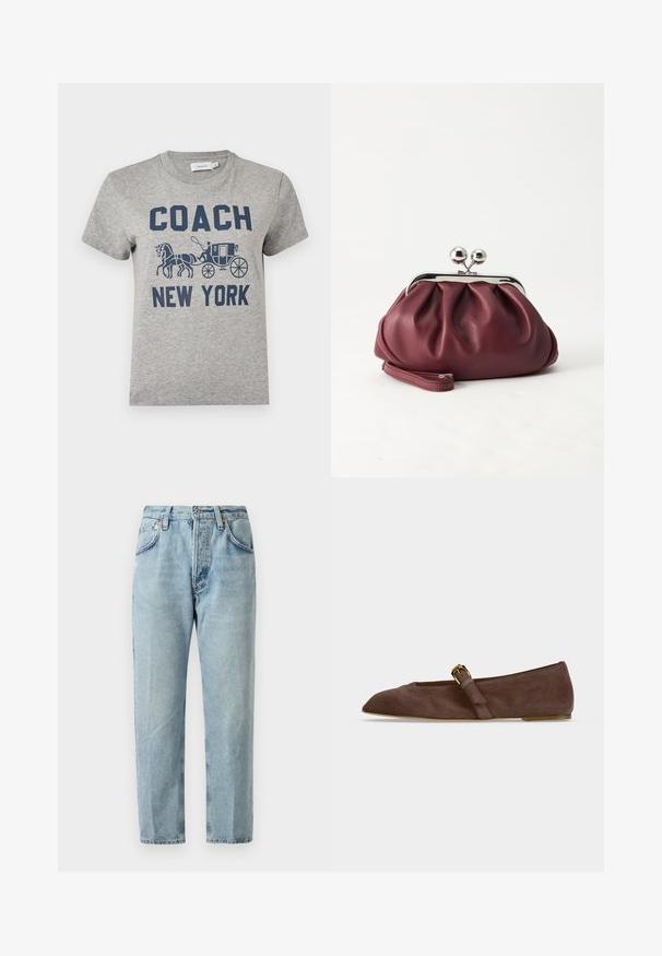 Šedé tričko s krátkym rukávom s námorníckym modrým nápisom "COACH NEW YORK" a grafikou konského povozu na prednej strane.; Svetlomodré denimové džínsy so strihom na rovné nohy, s piatimi vreckami a jemným vyblednutím. Obsahujú zapínanie na gombík a pútka na opasok.; Hnedá semišová nízka topánka s ostrou špičkou a zlatou prackou na boku, zobrazená z profilu na bielom pozadí.; Malá bordová kožená kabelka so strieborným kovovým zapínaním a remienkom na zápästie na bielom pozadí.