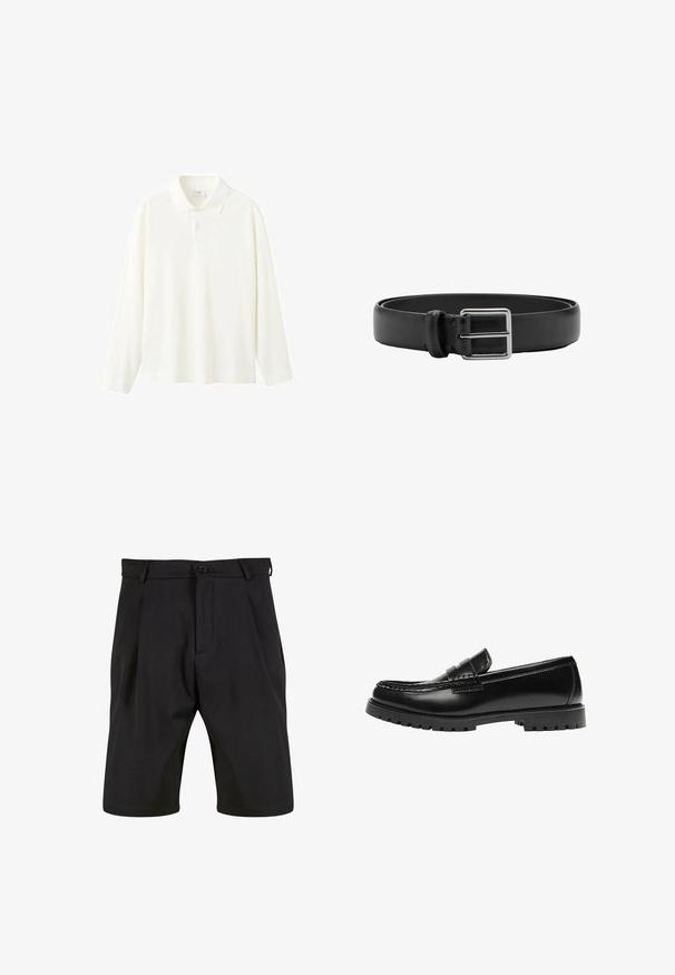 Langærmet poloshirt i off-white bomuld, med klassisk krave, tre-knaps lukning og en afslappet pasform uden synlige mønstre.; Sorte shorts lavet af et glat stof med skræddersyet design, der har en frontknaplukning, læg og sidelommer.; Sort læderloafer med en kraftig gummisål og klassiske penny-strap detaljer, vist fra ydersiden.; Sort læderbælte med spænde i sølvfarvet rektangulært metal og en enkelt løkke til fastgørelse.