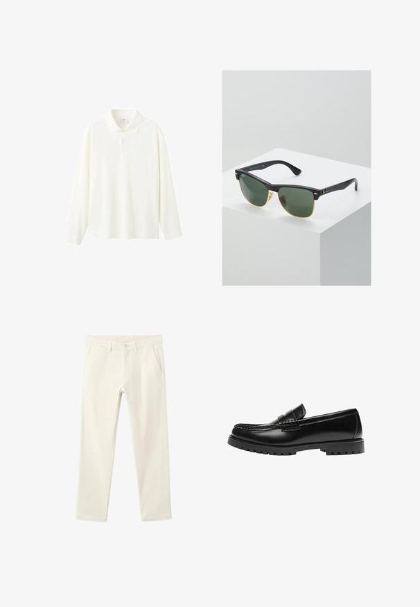 Polo à manches longues en coton écru, avec un col classique, une patte de boutonnage à trois boutons et une coupe décontractée sans motifs visibles.; Pantalon en velours côtelé blanc à coupe droite, avec deux poches avant et une fermeture par bouton à la taille, tissu côtelé texturé.; Mocassin en cuir noir avec une semelle en caoutchouc épaisse et un détail classique de bride à monnaie, vu de côté extérieur.; Lunettes de soleil Ray-Ban avec des verres verts, monture en plastique noir et accents dorés sur les bords. Forme carrée avec une finition mate.