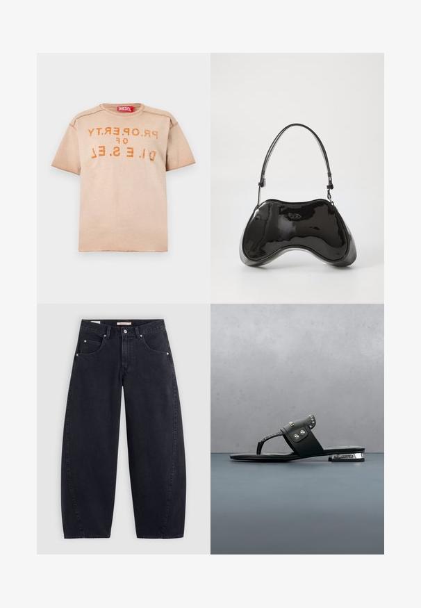 Beige T-shirt met korte mouwen en ronde hals, bedrukt met oranje verweerde tekst "PROPERTY OF DIESEL" en een rood Diesel-merklabel aan de binnenzijde van de kraag.; Zwarte denim wijde pijpen jeans met een hoge taille, twee frontzakken en zilveren hardware. Gladde textuur, minimale stiksels en rechte snit.; Zwarte leren sandaal met zilveren studs en "Karl Lagerfeld"-logo, geplaatst op houten tegels en grind buiten.; Zwarte gepatenteerde leren handtas met een unieke gebogen vorm, korte verstelbare handgreep en een ritsopening. Glad uiterlijk met subtiele branding.