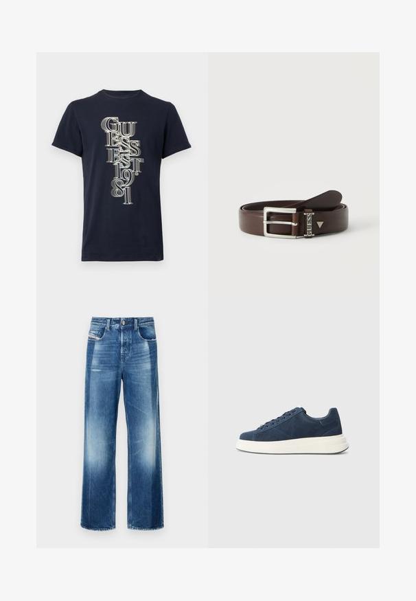 Camiseta de manga corta azul marino con texto vertical en blanco "GUESS EST. 1981" en fuente con serif superpuesta en el frente.; Jeans de mezclilla de pierna ancha en azul medio, con cierre de botón, bolsillos frontales y un ligero desgastado. Dobladillo limpio con corte recto.; Zapatillas de ante azul marino con suela de goma blanca, que cuentan con seis ojales, un forro texturizado y un diseño minimalista con sutiles detalles de costura.; Cinturón de cuero marrón oscuro con hebilla rectangular plateada y etiqueta metálica pequeña grabada con el nombre de la marca "GUESS".
