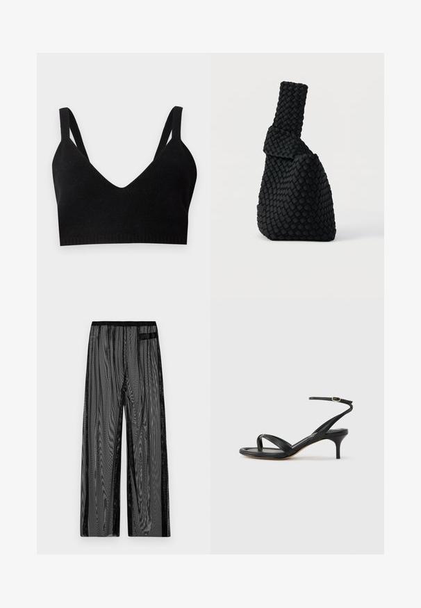 Zwarte gebreide bralette met een diepe V-hals, brede schouderbanden en een geribbeld band. Zachte textuur zonder zichtbare hardware of accenten.; Zwarte meshbroek met een wijde pijpdesign, voorzien van een zwarte elastische tailleband en zijzakken. Gelaagd, lichtgewicht stof.; Zwarte leren dames sandaal met dunne bandjes, een teengreep, een enkelgesp en een stilettohak van gemiddelde hoogte op een neutrale achtergrond.; Zwarte geweven handtas met een asymmetrisch ontwerp, voorzien van een getextureerd oppervlak en een hoog, smal handvat. Geen zichtbaar beslag of accenten.
