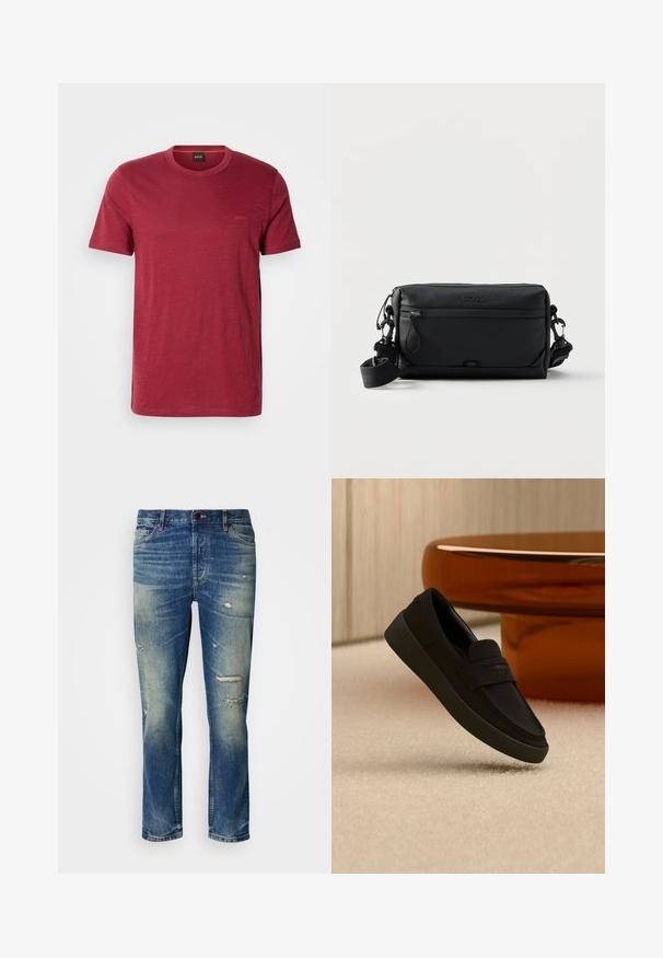 Rød T-shirt med korte ærmer lavet af blødt, tekstureret stof. Har rund halsudskæring og diskret branding i en matchende farve.; Lysblå denim jeans med en afslappet pasform, der har slidte detaljer, falmede lapper og en klassisk lukning med knap og lynlås.; Sort slip-on loafer med tyk sål hængende over beige tæppe, med et moderne brunt rundt bord i baggrunden.; Sort rektangulær crossbody taske med front lynlåslomme, justerbar rem og præget "BOSS" logo øverst i midten.