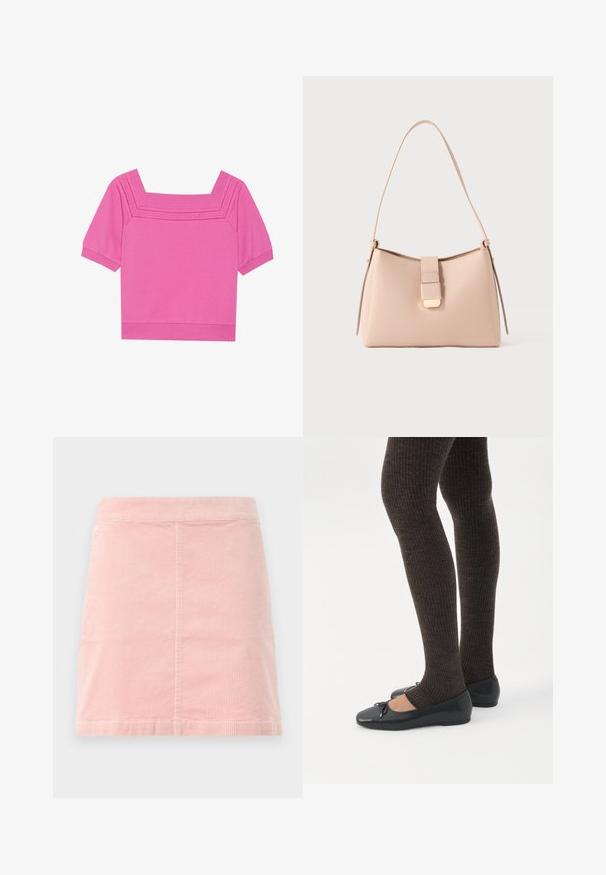 Kort lyserød bomuldsbluse med firkantet udskæring, korte ærmer og perforerede detaljer omkring udskæringen. Glat tekstur, afslappet design.; Rosa corduroy mini nederdel med en tætsiddende talje og lodret ribbet tekstur. Den har en lige kant og har et simpelt design uden udsmykning.; Ben iført mørke ribbede leggings kombineret med sorte balletsko med små sløjfedetaljer på hvid baggrund.; Lyserød håndtaske med en buet form, lavet af tekstureret materiale. Har en flad rem og en låsedetalje i guldton på forsiden.