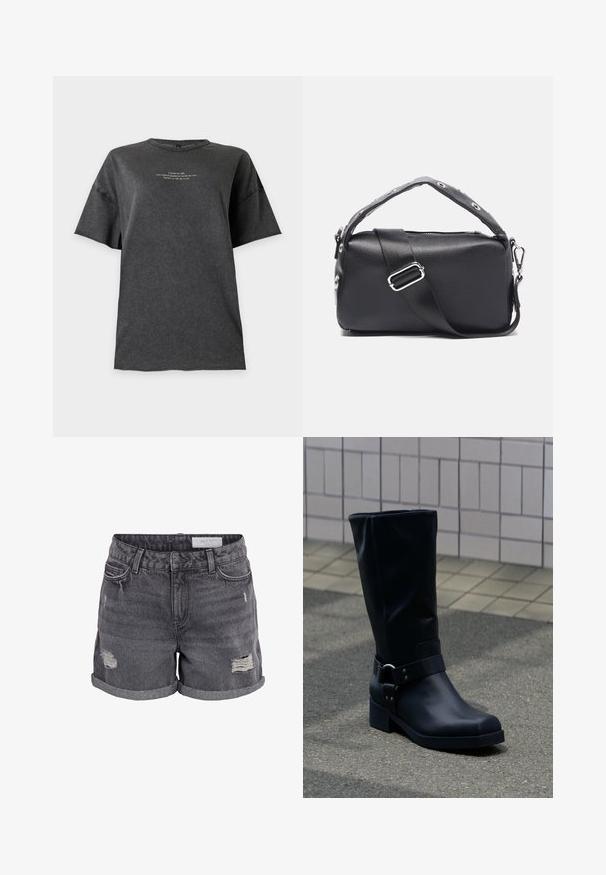 Ανοιχτό γκρι oversized μπλουζάκι με χαμηλωμένα μανίκια και μικρό λευκό κείμενο στο κέντρο του στήθους που γράφει "Unleash the wild..."; Σκούρα γκρι τζιν σορτς με γυρισμένα μανίκια και φθαρμένες κηλίδες στα μπροστινά μηρά, με μπροστινές τσέπες και ζώνη μέσης με κούμπωμα με κουμπί.; Μαύρη δερμάτινη μπότα μέχρι τη μέση της γάμπας με χαμηλό χοντρό τακούνι και διακοσμητικό λουρί με μεταλλική αγκράφα γύρω από τον αστράγαλο, σε πλακόστρωτο πεζοδρόμιο.; Zign STUDIO by Zalando Τσάντα χειρός - black