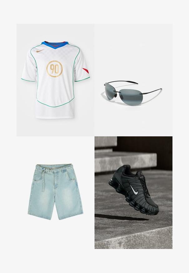 Hvid fodboldtrøje med grønne kanter, gyldent cirkulært '90' logo, blå krave og rødt accent på venstre ærme. Ternede mønster tekstur.; Lysblå denimshorts med lige snit, fem lommer, bæltestropper og en falmet finish. Fremstillet af slidstærk bomuldsstof.; Nike sportsko i mørkegrøn, med en glat syntetisk overdel, mesh-struktur, sorte snørebånd og en blank sål med air-dæmpning.; Solsorte med mørkegrå tonede linser, tynd sort metalramme og et slankt design. Har buede linser og justerbare næsepuder.