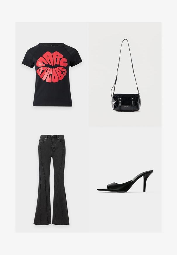 Schwarzes T-Shirt mit kurzen Ärmeln und großem, fett gedrucktem roten Schriftzug "Marc Jacobs" in einer abgerundeten, bubbleartigen Schrift, der mittig auf der Vorderseite angebracht ist.; Schwarze, weit geschnittene Jeans aus Denim mit distressed Design und sichtbaren Nähdetails. Verfügt über fünf Taschen und einen Knopfverschluss an der Taille.; Schwarzer Leder-Pantolette mit offenem Zehenbereich und hohem, schlankem Stiletto-Absatz, im Seitenprofil vor neutralem Hintergrund gezeigt.; Schwarze Lederschultertasche mit verstellbarem Riemen, zwei vertikalen Reißverschlüssen vorne und einem kleinen metallischen Flügel-Emblem unter den Reißverschlüssen.