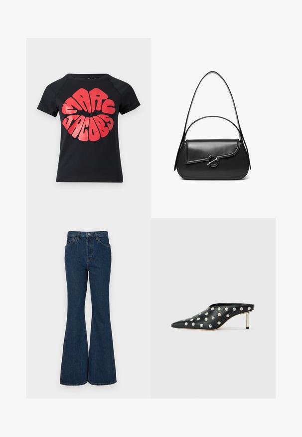T-shirt noir à manches courtes avec un grand texte rouge vif "Marc Jacobs" en lettres arrondies et épaisses, centré sur le devant.; Jeans évasés bleu foncé en denim. Dotés d'une taille haute, de cinq poches et d'une couture contrastante. Texture lisse et finition soignée.; STAND STUDIO KELSEY - Mules à talons - black; Sac à bandoulière en cuir noir avec un rabat incurvé fermé par un fermoir métallique rond et une sangle fine et ajustable.