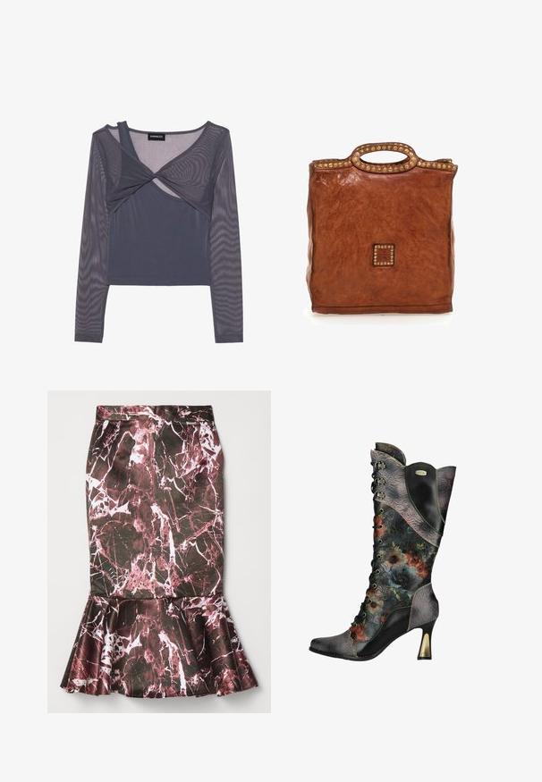 Grijze langetermijn top met een aansluitende onderlaag en een sheer mesh overlay, een twistdetail aan de voorkant en een ronde halslijn.; MIKAGE SHIN MERMAID SLIT SKIRT - Kokerrok - red marble; Dames zwarte leren hoge hak veterlaars met reliëf bloemenpatronen en meerkleurige bloemenprint op de schacht en voet.; Campomaggi 30 CM - Handtas - cognac