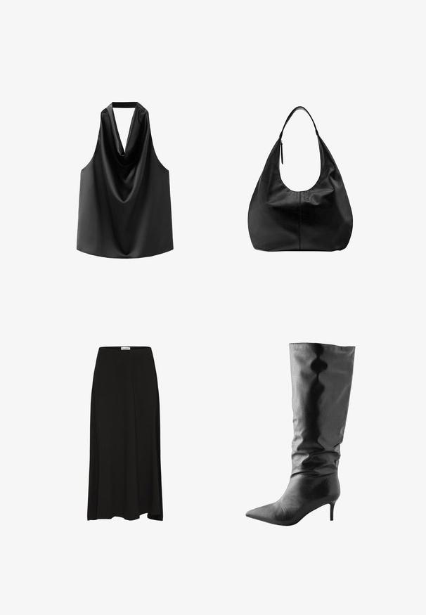 Schwarzes ärmelloses Top aus glattem Satin, mit einem drapierten Ausschnitt und lockerem Schnitt mit abgerundetem Saum. Keine sichtbaren Beschläge oder Muster.; Schwarzer, knielanger Rock aus weichem Stoff mit glatter Textur, featuring einem elastischen Bund und einer fließenden Silhouette.; Knöchelhohe schwarze Lederstiefel mit strukturiertem Muster, spitzer Zehe und Stiletto-Absatz. Der lässige Schnitt verstärkt die Gesamtansicht.; Schwarze Leder-Hobo-Tasche mit einem breiten Riemen und einem Reißverschlussdetail auf einem schlichten weißen Hintergrund.