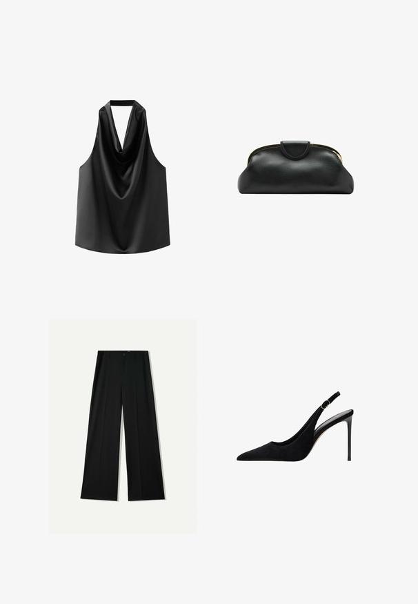 Sort ærmeløs top lavet af glat satin, med en draperet halsudskæring og en løs pasform med en afrundet kant. Ingen synlige detaljer eller mønstre.; Bershka WIDE - Bukser - black; Sort ruskind slingback højhælet sko med spids tå, tynd hæl og justerbar rem med guldtonet accent.; Sort læderclutch med guldfarvet metalramme og tryklukning på hvid baggrund.