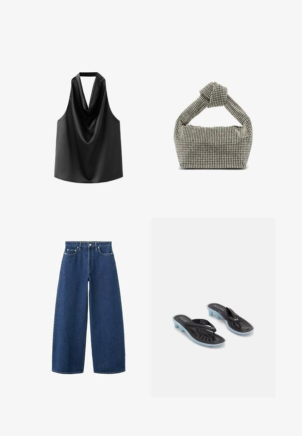 Schwarzes ärmelloses Top aus glattem Satin, mit einem drapierten Ausschnitt und lockerem Schnitt mit abgerundetem Saum. Keine sichtbaren Beschläge oder Muster.; Dunkelblaue Jeans mit weitem Bein, hohem Bund, fünf Taschen, Knopfverschluss und Gürtelschlaufen.; Schwarze und blaue Puma-Slide-Sandalen mit niedrigen Blockabsätzen und Zehenriemen auf einem weißen Hintergrund.; Silberne Handtasche mit einem geknoteten Griff, rechteckiger Form, bedeckt mit kleinen, runden Strasssteinen, glatte Textur.