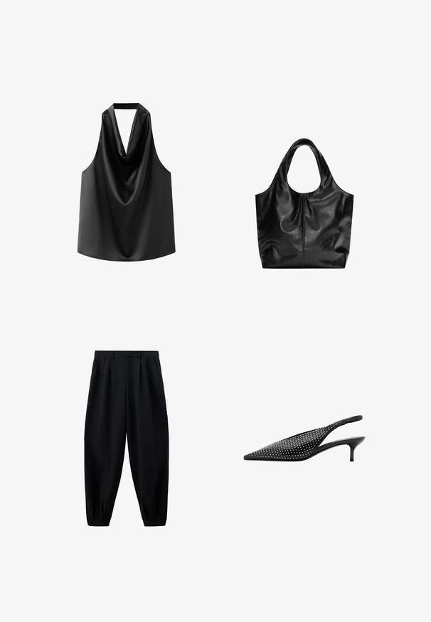 Haut sans manches noir en satin lisse, doté d'un col drapé et d'une coupe ample avec un ourlet arrondi. Pas de matériel ou de motifs visibles.; Pantalon noir taille haute effilé avec des plis à la taille et aux poignets, et des poches latérales, présenté sur fond blanc.; Escarpin slingback noir à bout pointu avec petit talon kitten bas et ornements en clous argentés recouvrant la tige.; Sac fourre-tout en cuir noir avec une texture lisse, un haut arrondi doux et de larges poignées. Présente une couture minimale et une silhouette décontractée.