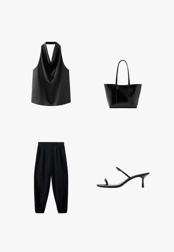 Haut sans manches noir en satin lisse, doté d'un col drapé et d'une coupe ample avec un ourlet arrondi. Pas de matériel ou de motifs visibles.; Pantalon noir taille haute effilé avec des plis à la taille et aux poignets, et des poches latérales, présenté sur fond blanc.; Sandale noire à talon bas avec de fines lanières sur les orteils et le milieu du pied, dotée d’un petit talon fin et d’un dos ouvert.; Grand sac fourre-tout noir avec de longues poignées et une texture en cuir lisse légèrement brillante, centré sur un fond blanc.