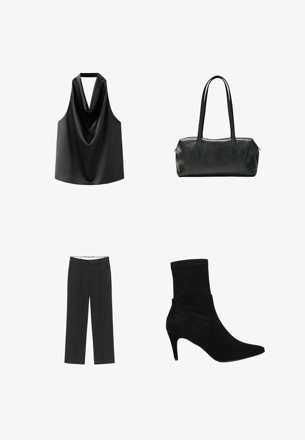 Schwarzes ärmelloses Top aus glattem Satin, mit einem drapierten Ausschnitt und lockerem Schnitt mit abgerundetem Saum. Keine sichtbaren Beschläge oder Muster.; Schwarze, weit geschnittene Hose mit flacher Vorderseite, zwei Seitentaschen und Gürtelschlaufen. Hergestellt aus einem glatten, leichten Stoff.; Wojas Stiefelette - czarny; Schwarze rechteckige Lederhandtasche mit zwei langen Schulterriemen und einem Reißverschluss an der Oberseite.