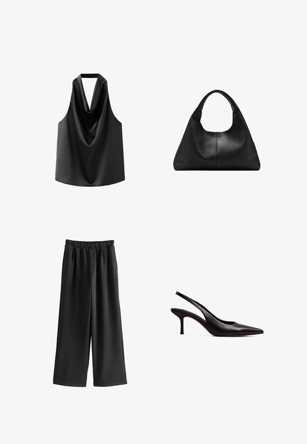 Haut sans manches noir en satin lisse, doté d'un col drapé et d'une coupe ample avec un ourlet arrondi. Pas de matériel ou de motifs visibles.; Pantalon large noir ample avec taille élastique, plis à l'avant et texture de tissu lisse sur fond blanc.; NA-KD Escarpins - black; Sac à main en cuir noir texturé avec une base large et des anses épaisses et arrondies, présentant une couture verticale centrale et des détails de surpiqûres subtils.