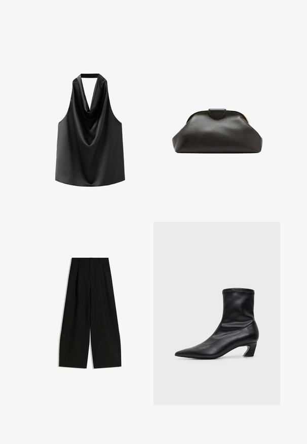 Haut sans manches noir en satin lisse, doté d'un col drapé et d'une coupe ample avec un ourlet arrondi. Pas de matériel ou de motifs visibles.; Pantalons larges noirs en tissu lisse, dotés d'une taille haute, de plis à l'avant et sans ornements ni motifs visibles.; Botte mi-mollet en cuir noir avec bout pointu et talon bas courbé, vue de profil sur fond clair uni.; Pochette en cuir noir souple avec un cadre arrondi et une petite fermeture à languette en haut au centre.