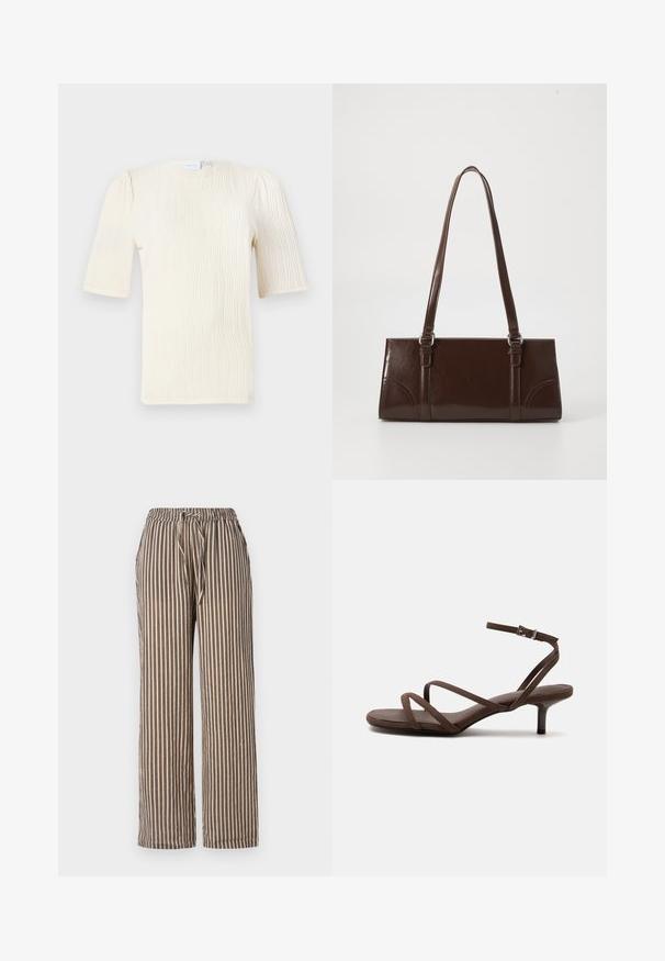 Blouse à manches courtes de couleur crème avec un motif texturé en vagues. Encolure ronde et détails de fronces subtils aux manches. Tissu léger.; Pantalon large à rayures beige avec des rayures verticales marines. Il dispose d'une taille élastique avec un cordon de serrage et de poches latérales. Texture de tissu douce.; Sandale marron à talons hauts avec fines lanières croisées et bride de cheville avec boucle argentée sur fond blanc.; Sac à main en cuir verni marron de forme rectangulaire, avec deux longues poignées et des accents courbés subtils à l'avant.