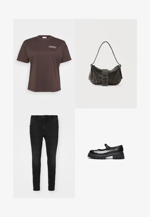 Hnedé tričko s krátkym rukávom, na ktorom je biele písmo "ESPRESSO YOURSELF" na hornej ľavej strane. Jednoduchý, ležérny dizajn.; Vero Moda Curve Skinny fit VMCFLASH Mid rise - Džínsy skinny fit - black denim; Čierne kožené topánky typu Mary Jane s okrúhlou špičkou, remienkom okolo členka a hrubou gumovou podrážkou so zúbkovanými detailmi.; Čierna kožená kabelka cez rameno s detailom prackového popruhu, zaoblenými okrajmi a kontrastným bielym prešívaním na jednoduchom pozadí.