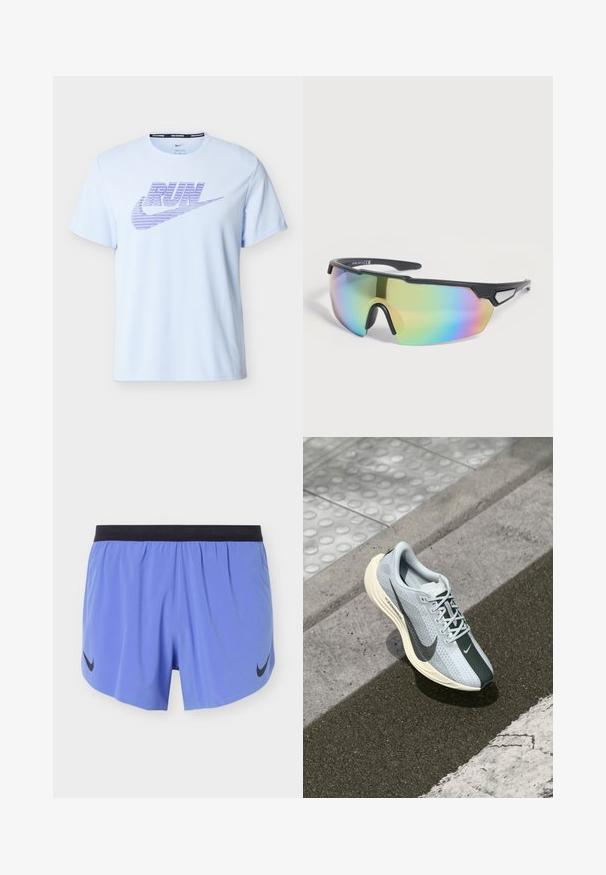 T-shirt de running Nike bleu clair à manches courtes avec texte "RUN" violet et logo swoosh sur la poitrine, col rond.; Shorts de sport bleu clair avec une ceinture noire et des logos Nike Swoosh noirs de chaque côté, présentés sur un fond uni.; Baskets de course bleu clair avec un accent gris, tige en mesh et semelle intermédiaire crème. Présente un logo swoosh noir bien visible et une semelle texturée.; Lunettes de sport à monture noire avec une grande lentille unique teintée arc-en-ciel et des branches ventilées reposant sur une surface claire.