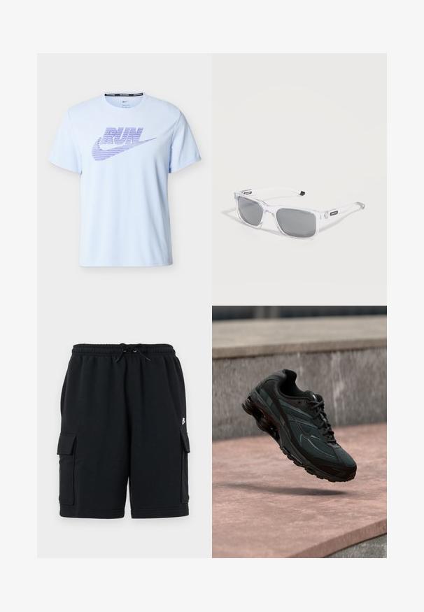 Hellblaues Nike-Laufshirt mit kurzen Ärmeln, lila "RUN"-Schriftzug und Swoosh-Logo auf der Brust, Rundhalsausschnitt.; Schwarze Baumwoll-Cargoshorts mit elastischem Bund und Kordelzug, ausgestattet mit zwei Seitentaschen und einem kleinen Logoakzent.; Schwarzer athletischer Sneaker mit sichtbarer Air-Cushioning-Zwischensohle, der über einer rosa Steinoberfläche mit grauer Steinmauer im Hintergrund schwebt.; Transparente Sonnenbrille mit dunklen rechteckigen Gläsern und schwarzen Logo-Details an den Bügeln, auf einer weißen Oberfläche präsentiert.
