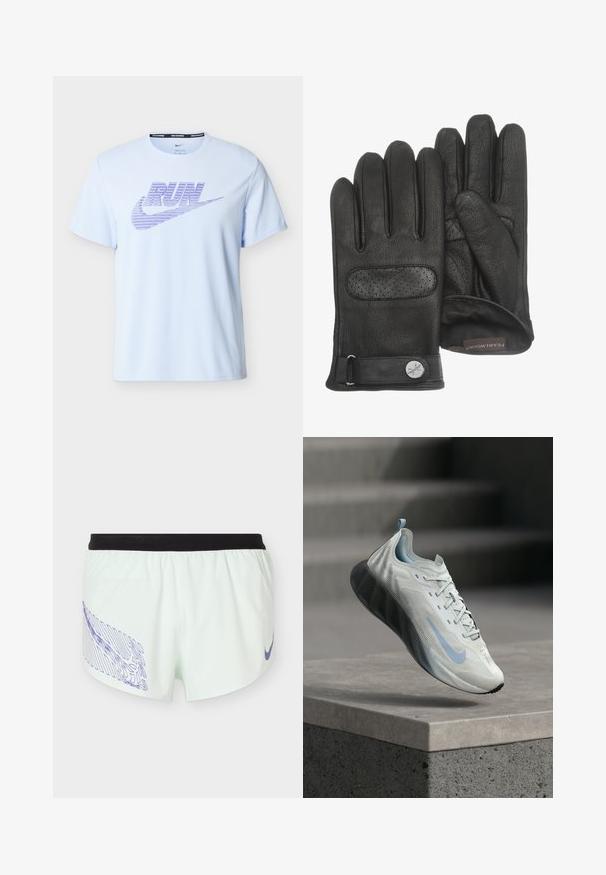 Hellblaues Nike-Laufshirt mit kurzen Ärmeln, lila "RUN"-Schriftzug und Swoosh-Logo auf der Brust, Rundhalsausschnitt.; Weiße Sportshorts mit einem schwarzen Bund, mit einem lila abstrakten Muster am linken Bein und einem lila Nike-Logo am rechten Bein.; Hellgrauer und blauer Nike Laufschuh mit schwarzer Sohle schwebt über einem Betonsims mit unscharfen Stufen im Hintergrund.; Paar schwarze Lederhandschuhe mit perforiertem Einsatz auf der Rückseite, verstellbarem Riemen mit Knopf und weichem Innenfutter.
