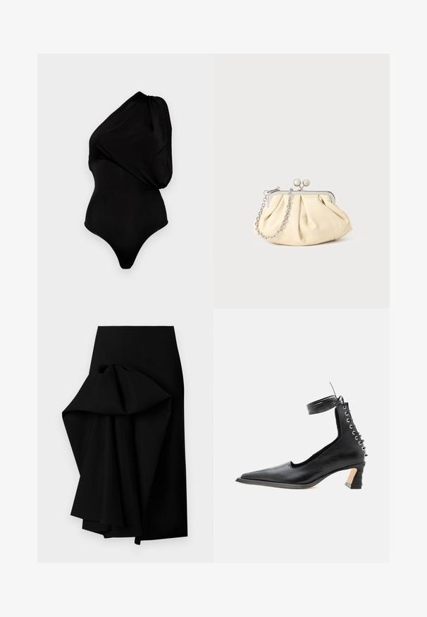 Sort one-shoulder bodystocking lavet af glat materiale, med en draperet design og tætsiddende silhuet med højt skåret ben.; Sort nederdel lavet af glat stof, med et oversized draperet design på den ene side, der danner en høj-lav kant.; Sort lavhælet lædersko med spids tå, snøredetalje bagpå og ankelrem mod en ensartet hvid baggrund.; Plisseret beige læderclutch med en sølvmetalramme, der har to runde dekorative låse og en sølvkædetrasporte.