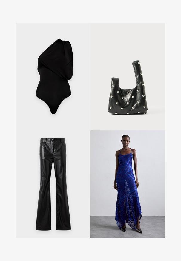 Sort one-shoulder bodystocking lavet af glat materiale, med en draperet design og tætsiddende silhuet med højt skåret ben.; Rabanne Loose-jeans - black; Blå og lilla dyreprint maxi kjole med tynde stropper, en tætsiddende bodice, flagrende kant og gennemsigtig overlay-detaljering.; Sort lædertaske med en blød tekstur, der har runde top-håndtag og metallisk perleaccent på overfladen. Kompakt, struktureret form.