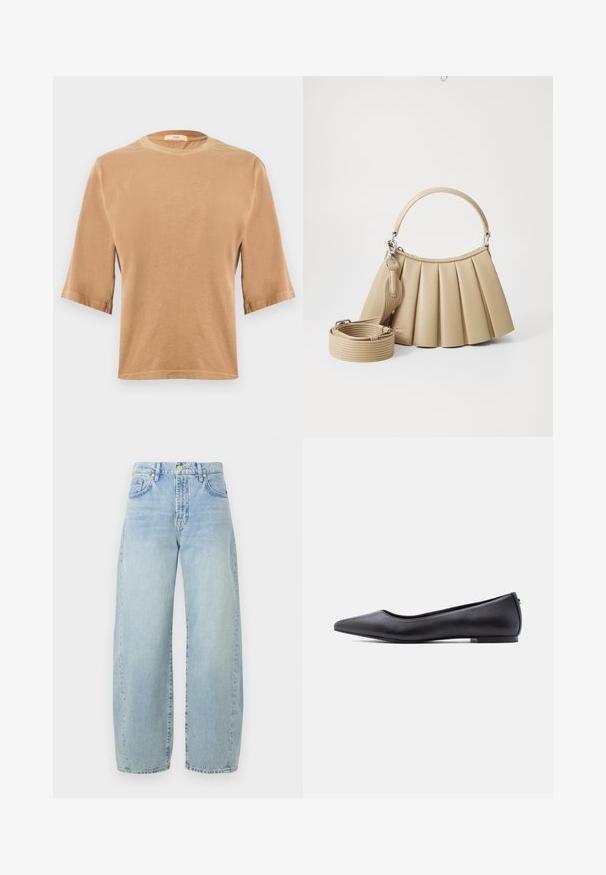 Braunes T-Shirt mit kurzen Ärmeln aus weichem Stoff, Rundhalsausschnitt und geradem Saum, mit umgeschlagenen Ärmeln und dezenten Nahtdetails.; Hellblaue Denim-Jeans im weiten Schnitt mit hoher Taille, leichtem Ausbleichen, fünf Taschen und goldfarbener Hardware. Der Saum ist gerade und unvollendet.; Schwarzer flacher Lederschuh mit spitzer Kappe und niedrigem Absatz, seitlich vor weißem Hintergrund gezeigt.; Lacoste LENGLEN BAG - Handtasche - viennois