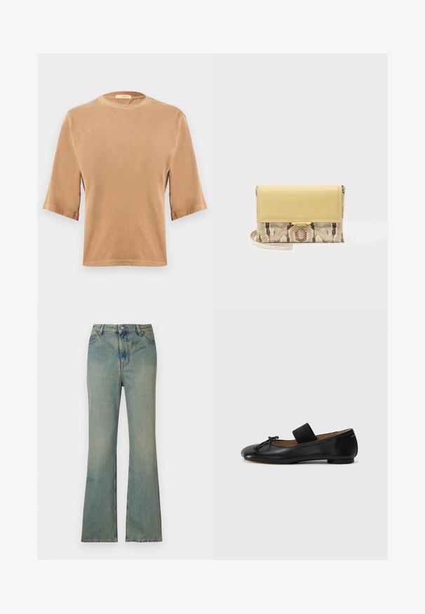 Bruine T-shirt met korte mouwen van zachte stof, met een ronde hals en een rechte zoom, voorzien van opgerolde mouwen en subtiele stikdetails.; Lichtblauwe spijkerflared jeans met een hoge taille, vijf zakken en een rits. Schoon, vervaagd uiterlijk met subtiele stikdetails.; Zwarte leren balletschoenen met een ronde neus, een klein knoopdetail en een elastische band over de wreef voor een stevige pasvorm. Platte zool.; Kleine clutch met gele leren klep en lichaam met slangenprint, met een dun polsbandje en een gesp in goudkleur op een effen achtergrond.