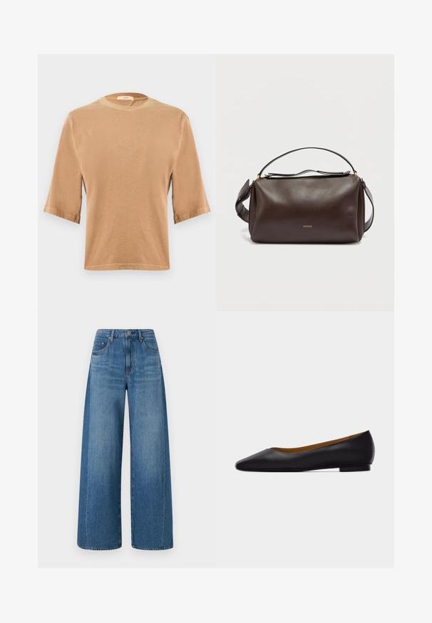 Camiseta marrón de manga corta en tejido suave con cuello redondo y dobladillo recto, con mangas dobladas y detalles sutiles de costura.; Pantalones vaqueros de pierna ancha de color azul con un lavado medio, que presentan una cintura alta, cinco bolsillos y un sutil desgaste. Hechos de denim con una textura suave.; Zapato plano de punta puntiaguda de cuero negro con tacón bajo y acabado liso, mostrado de perfil sobre un fondo gris claro.; Bolso de hombro de cuero marrón con un diseño estructurado, que presenta un logo dorado, cierre superior con cremallera y una correa desmontable. Textura suave.